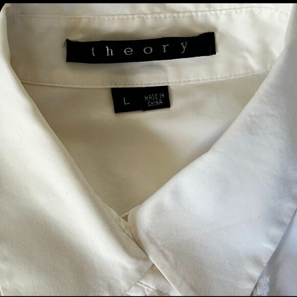 Theory Ivory Ruffle Front Stretch Cotton Button Down Shirt Size L - Picture 5 of 7